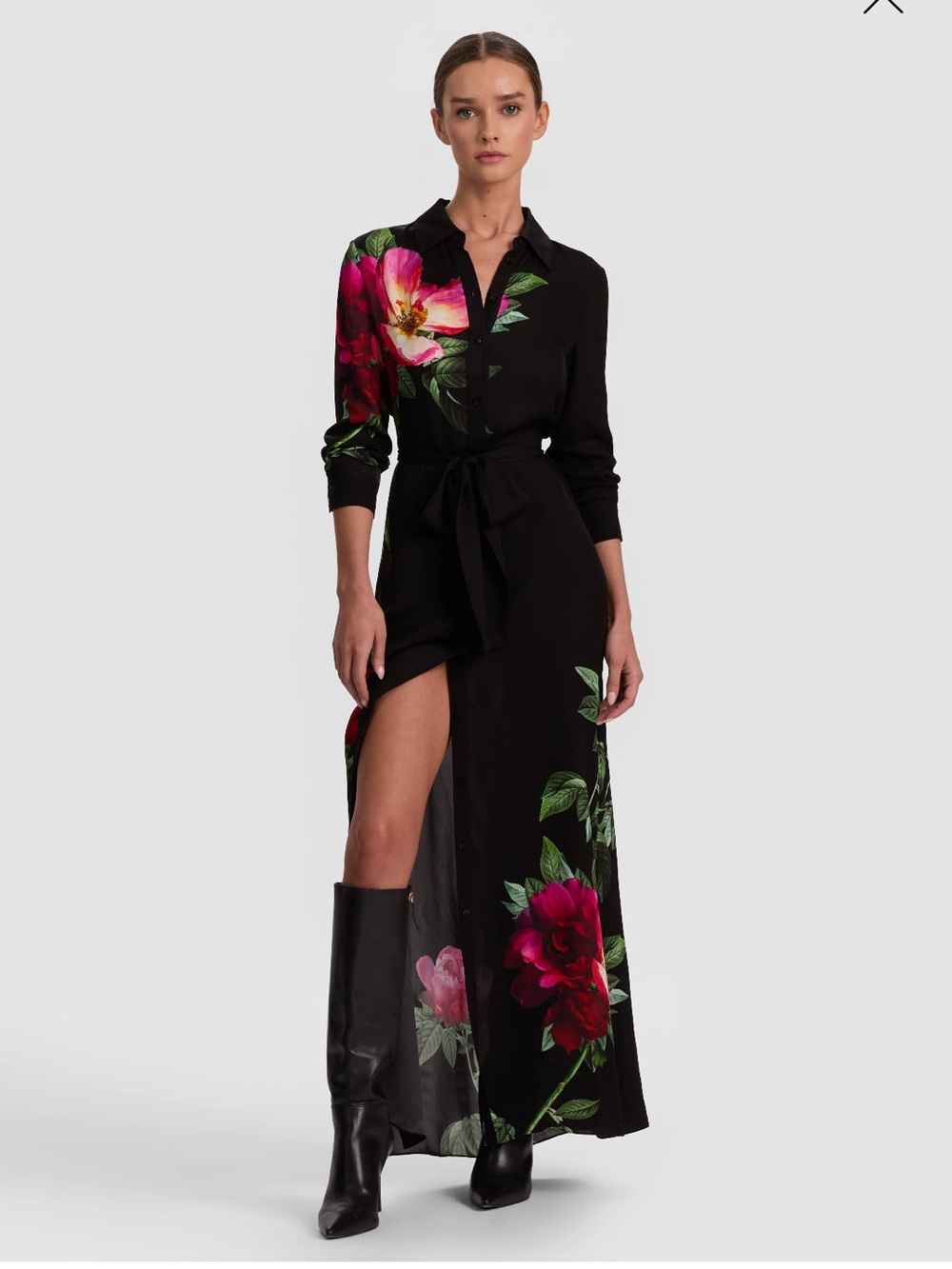 Alice + Olivia Chassidg Floral Maxi Shirt Dress with Waist Tie - Black/Pink NWT